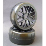 PAR DE PNEUS SLICK COM RODAS BBS PRETA CUBO DE ENCAIXE 17 mm NOVO PERFIL PARA INFERNO GT2 E BUGGYS 1/8 SINTEC SIN S157